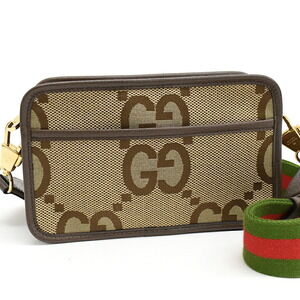 Gucci Crossbody Shoulder Bag Jumbo GG Canvas Beige Ebony Brown